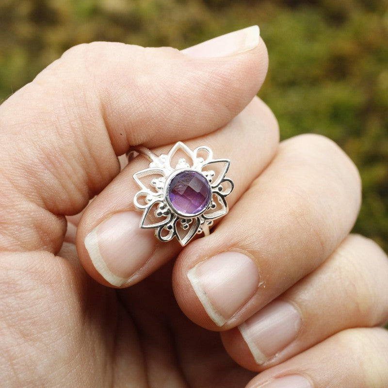 Multi-Faceted Amethyst Flower Rings || .925 Sterling Silver-Nature's Treasures
