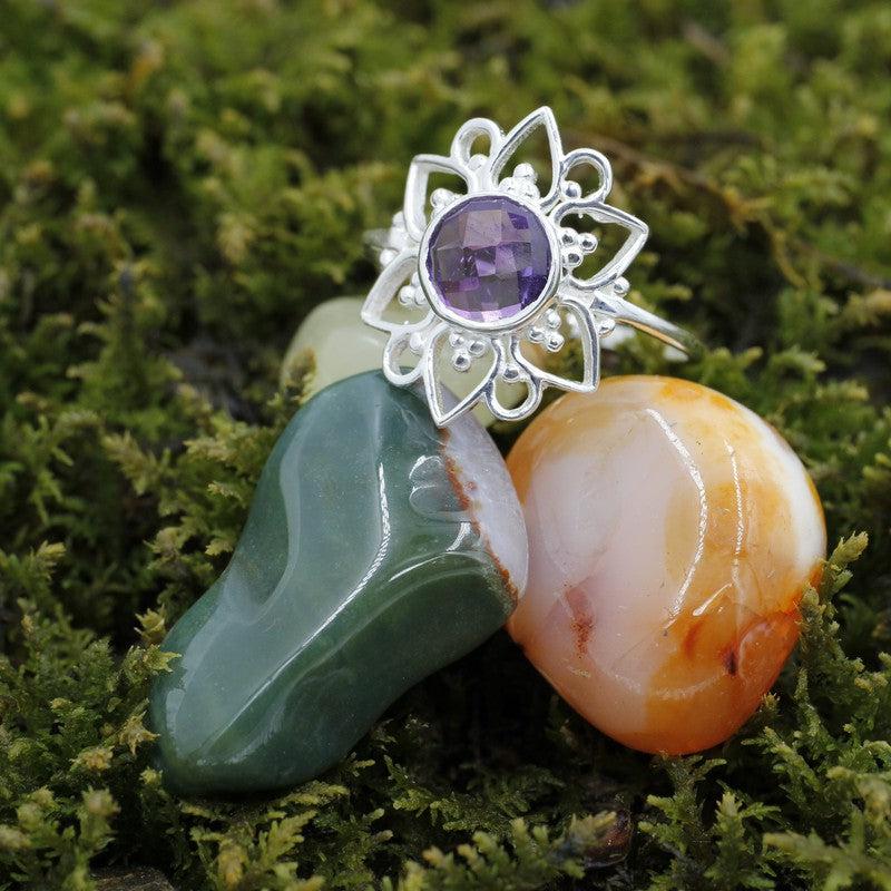 Multi-Faceted Amethyst Flower Rings || .925 Sterling Silver-Nature's Treasures