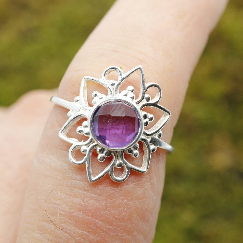 Multi-Faceted Amethyst Flower Rings || .925 Sterling Silver-Nature's Treasures