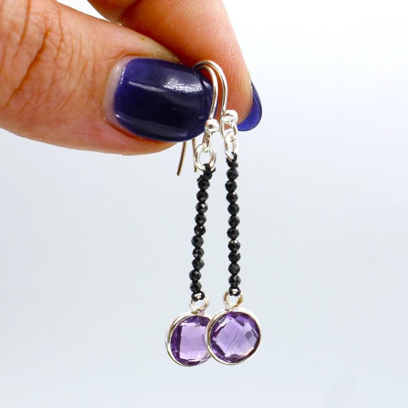 Multi-Faceted Amethyst With Black Spinel Dangle Earrings || .925 Sterling Silver-Nature's Treasures