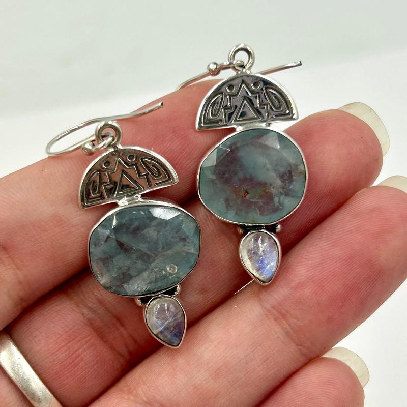 Multi-Faceted Aquamarine With Rainbow Moonstone Earrings || .925 Sterling Silver-Nature's Treasures