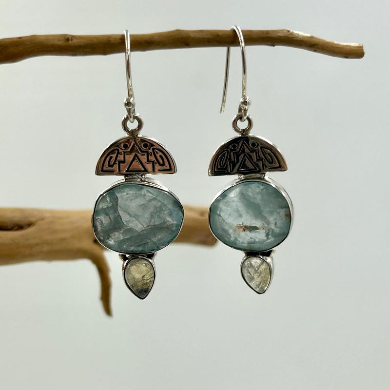 Multi-Faceted Aquamarine With Rainbow Moonstone Earrings || .925 Sterling Silver-Nature's Treasures