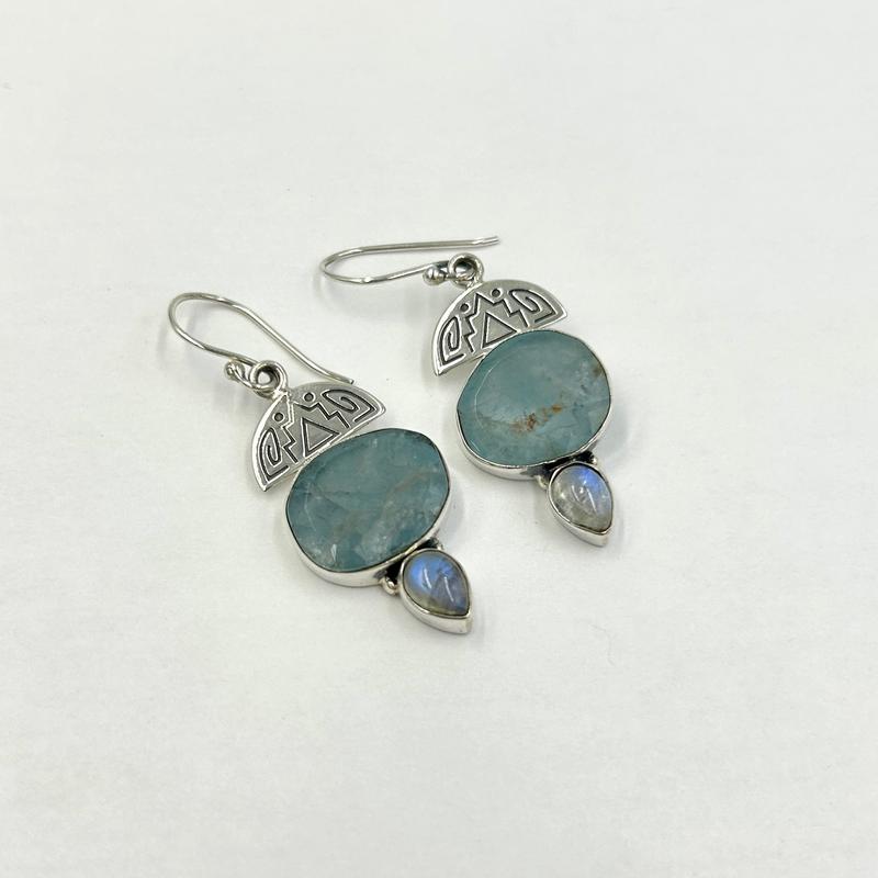 Multi-Faceted Aquamarine With Rainbow Moonstone Earrings || .925 Sterling Silver-Nature's Treasures