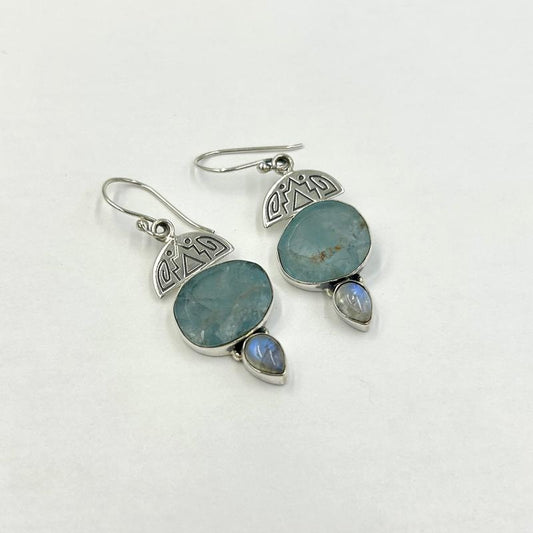 Multi-Faceted Aquamarine With Rainbow Moonstone Earrings || .925 Sterling Silver-Nature's Treasures