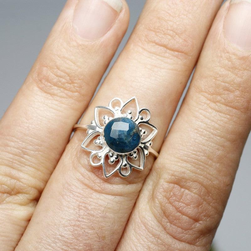 Multi-Faceted Blue Apatite Flower Rings || .925 Sterling Silver-Nature's Treasures