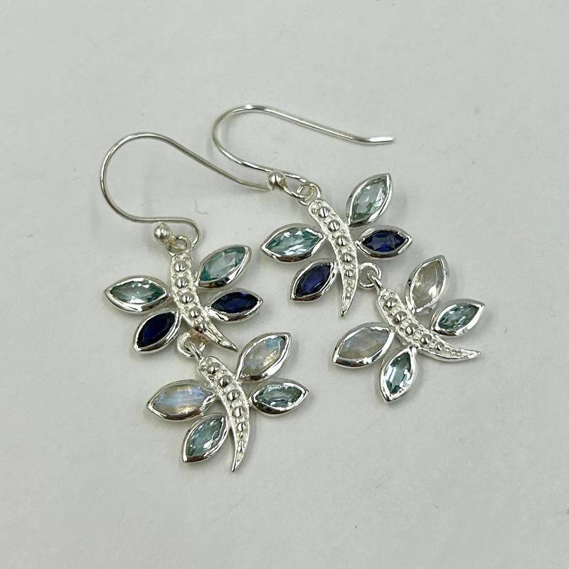 Multi-Faceted Blue Topaz, Iolite, Moonstone Dragonfly Earrings || .925 Sterling Silver-Nature's Treasures