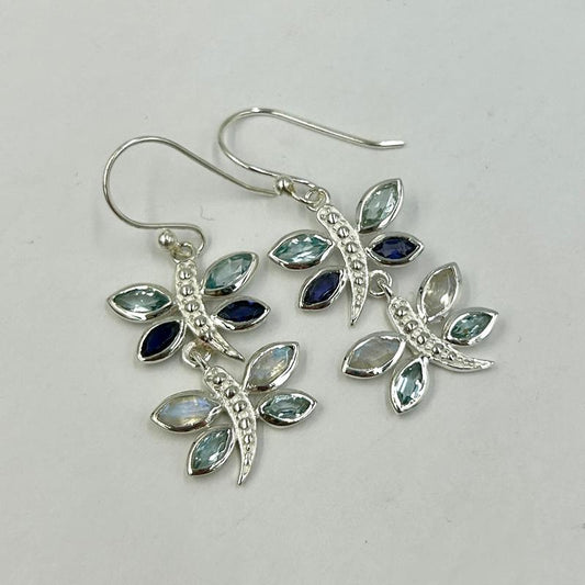 Multi-Faceted Blue Topaz, Iolite, Moonstone Dragonfly Earrings || .925 Sterling Silver-Nature's Treasures