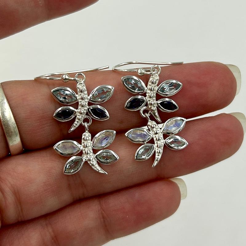 Multi-Faceted Blue Topaz, Iolite, Moonstone Dragonfly Earrings || .925 Sterling Silver-Nature's Treasures