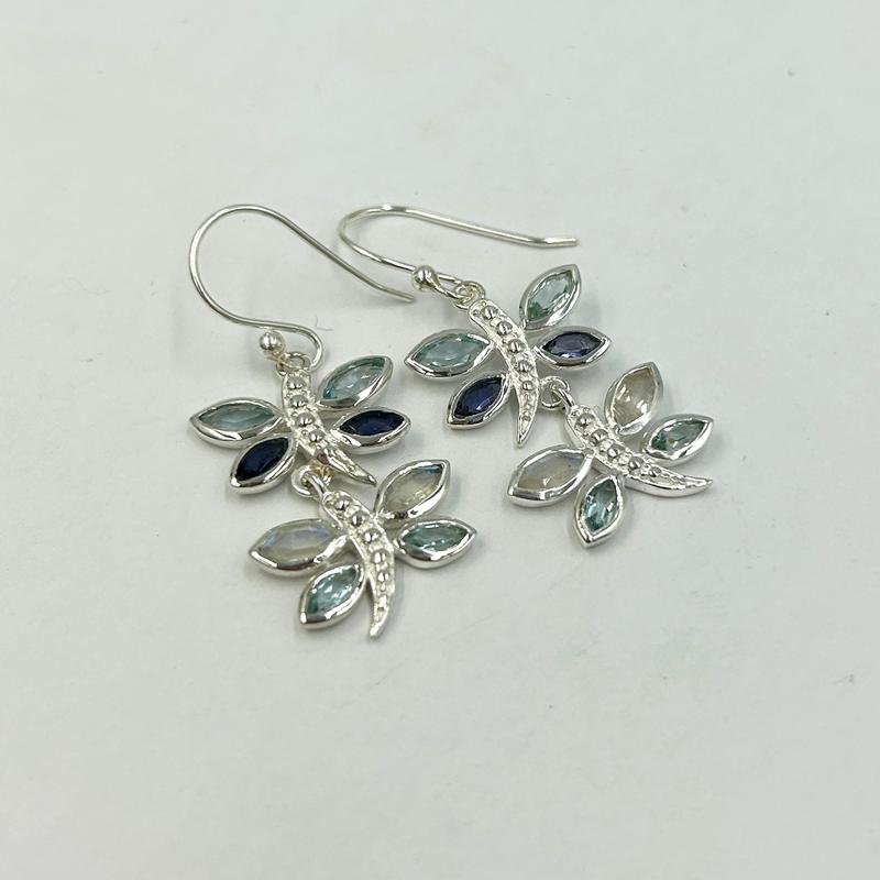 Multi-Faceted Blue Topaz, Iolite, Moonstone Dragonfly Earrings || .925 Sterling Silver-Nature's Treasures