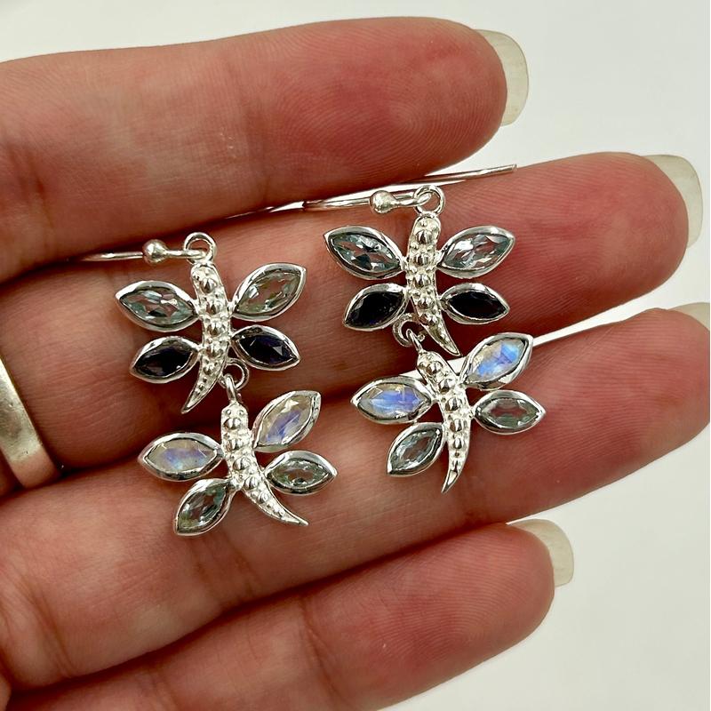 Multi-Faceted Blue Topaz, Iolite, Moonstone Dragonfly Earrings || .925 Sterling Silver-Nature's Treasures