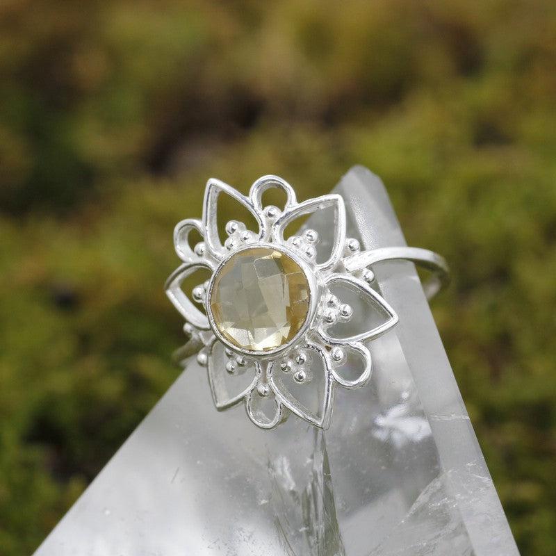 Multi-Faceted Citrine Flower Rings || .925 Sterling Silver-Nature's Treasures