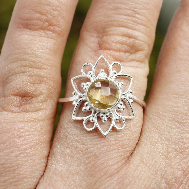 Multi-Faceted Citrine Flower Rings || .925 Sterling Silver-Nature's Treasures