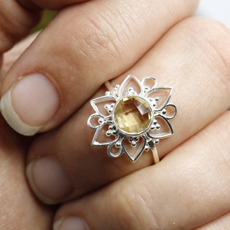 Multi-Faceted Citrine Flower Rings || .925 Sterling Silver-Nature's Treasures