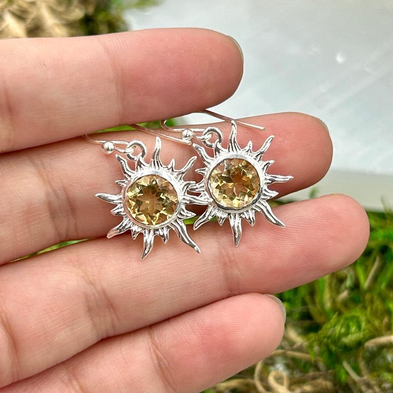 Multi-Faceted Citrine Sun French Hook Earrings || .925 Sterling Silver-Nature's Treasures