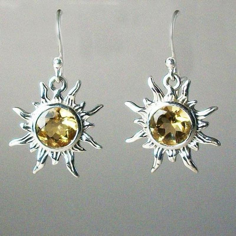 Multi-Faceted Citrine Sun French Hook Earrings || .925 Sterling Silver-Nature's Treasures
