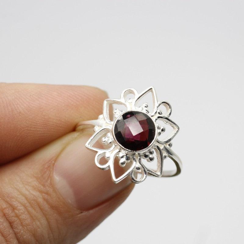 Multi-Faceted Garnet Flower Rings || .925 Sterling Silver-Nature's Treasures