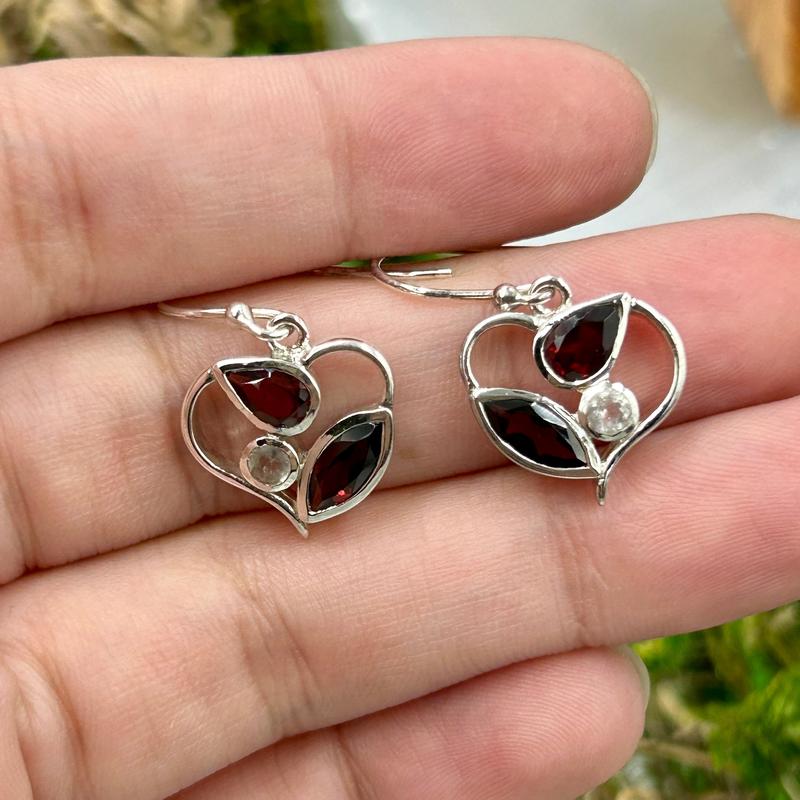 Multi-Faceted Garnet With Quartz Heart Earrings || .925 Sterling Silver-Nature's Treasures