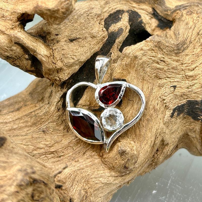 Multi-Faceted Garnet With Quartz Heart Pendant || .925 Sterling Silver-Nature's Treasures