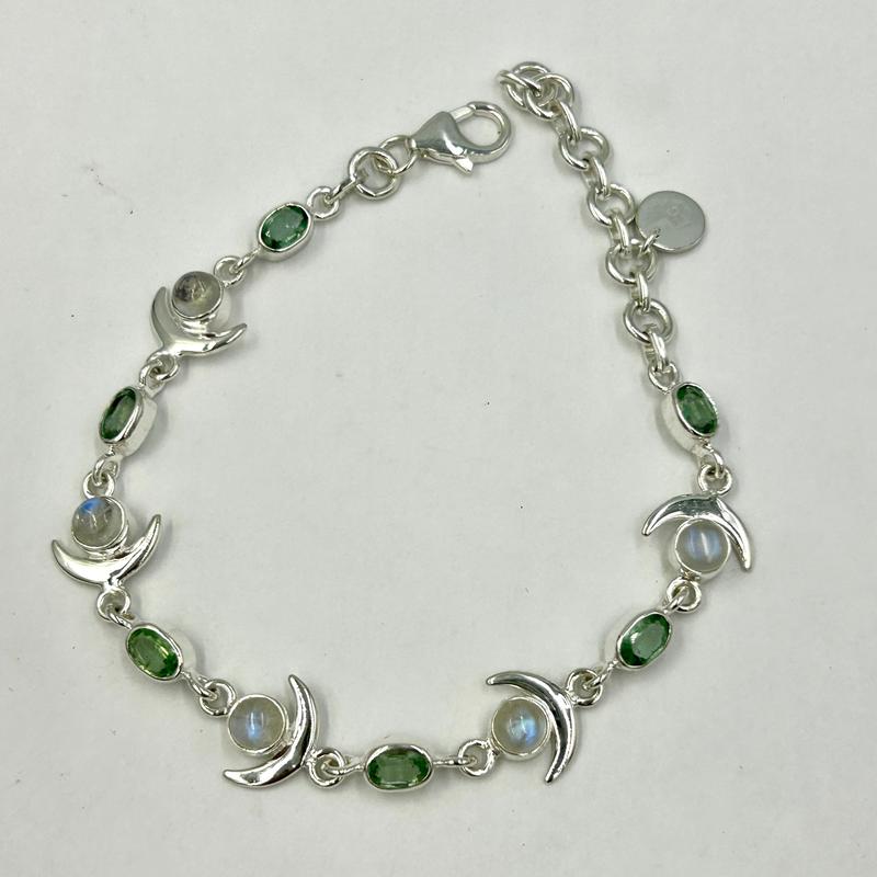 Multi-Faceted Green Kyanite With Rainbow Moonstone Moon Bracelets || Sterling Silver-Nature's Treasures