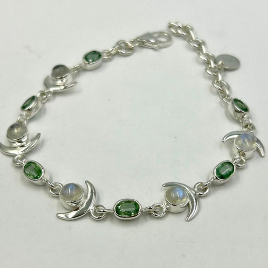 Multi-Faceted Green Kyanite With Rainbow Moonstone Moon Bracelets || Sterling Silver-Nature's Treasures