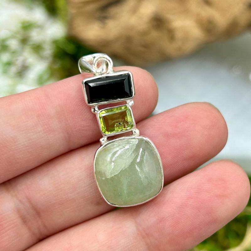 Multi-Faceted Jade, Peridot, Black Tourmaline Pendant || .925 Sterling Silver-Nature's Treasures