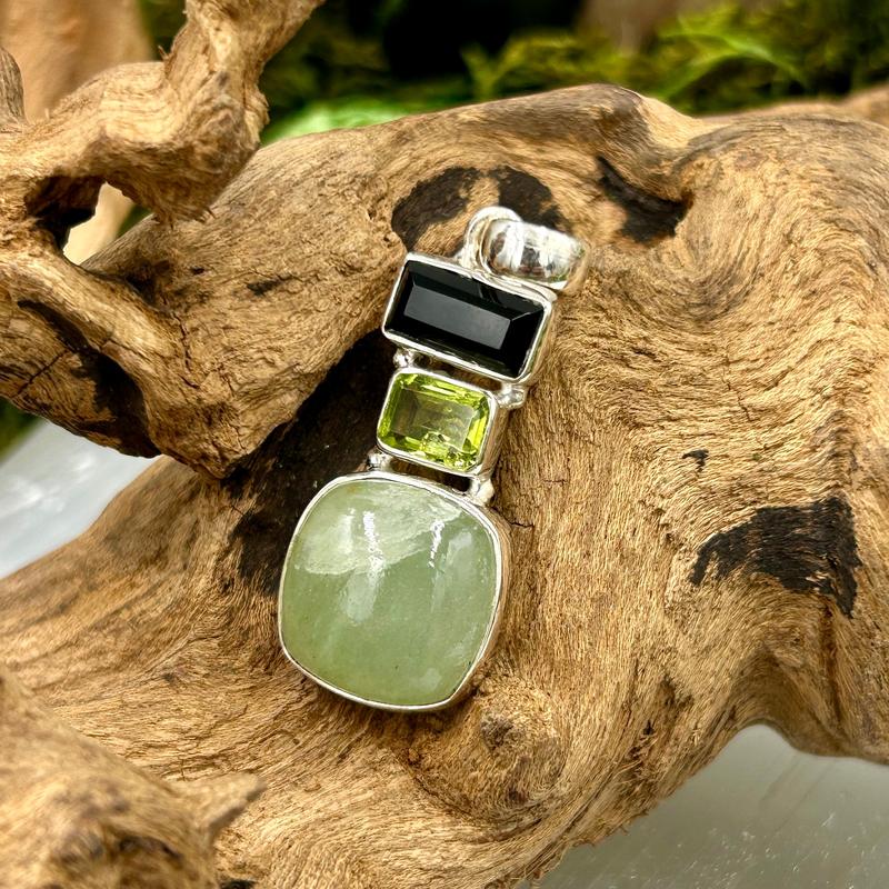 Multi-Faceted Jade, Peridot, Black Tourmaline Pendant || .925 Sterling Silver-Nature's Treasures