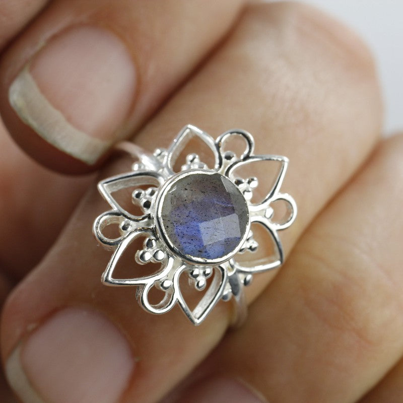 Multi-Faceted Labradorite Flower Rings || .925 Sterling Silver-Nature's Treasures
