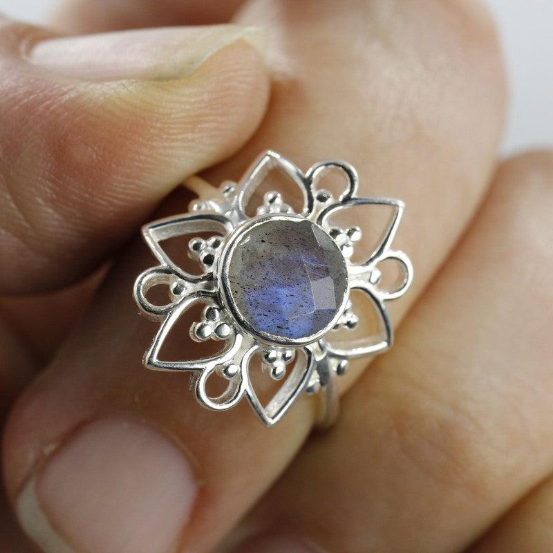 Multi-Faceted Labradorite Flower Rings || .925 Sterling Silver-Nature's Treasures