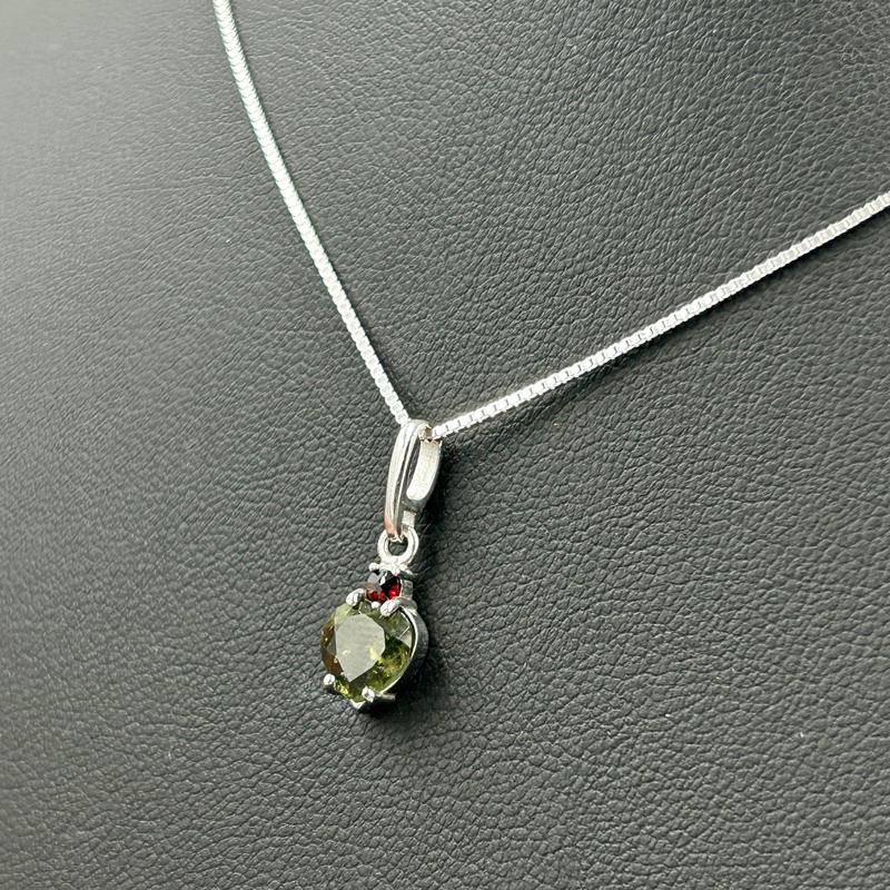 Multi-Faceted Moldavite Heart With Garnet Pendant || .925 Sterling Silver-Nature's Treasures