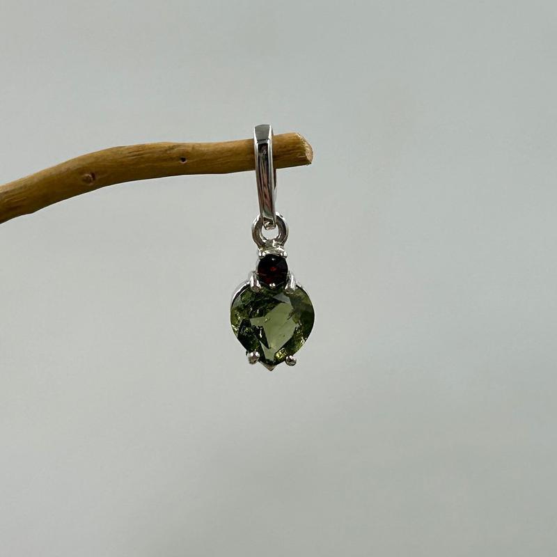 Multi-Faceted Moldavite Heart With Garnet Pendant || .925 Sterling Silver-Nature's Treasures