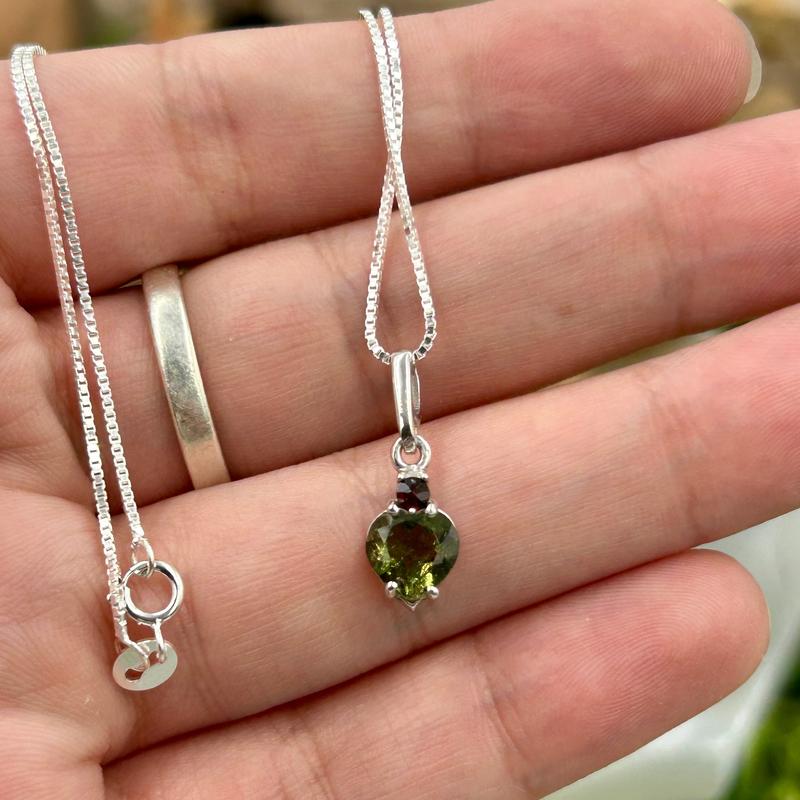 Multi-Faceted Moldavite Heart With Garnet Pendant || .925 Sterling Silver-Nature's Treasures
