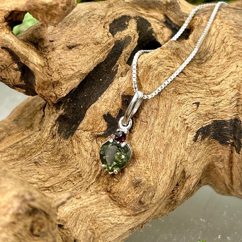 Multi-Faceted Moldavite Heart With Garnet Pendant || .925 Sterling Silver-Nature's Treasures