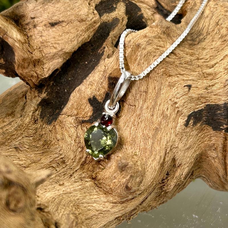 Multi-Faceted Moldavite Heart With Garnet Pendant || .925 Sterling Silver-Nature's Treasures