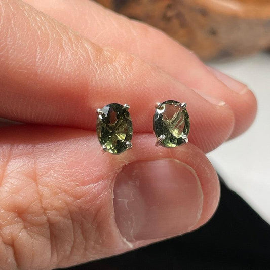 Multi-Faceted Moldavite Oval Stud Earrings || .925 Sterling Silver-Nature's Treasures