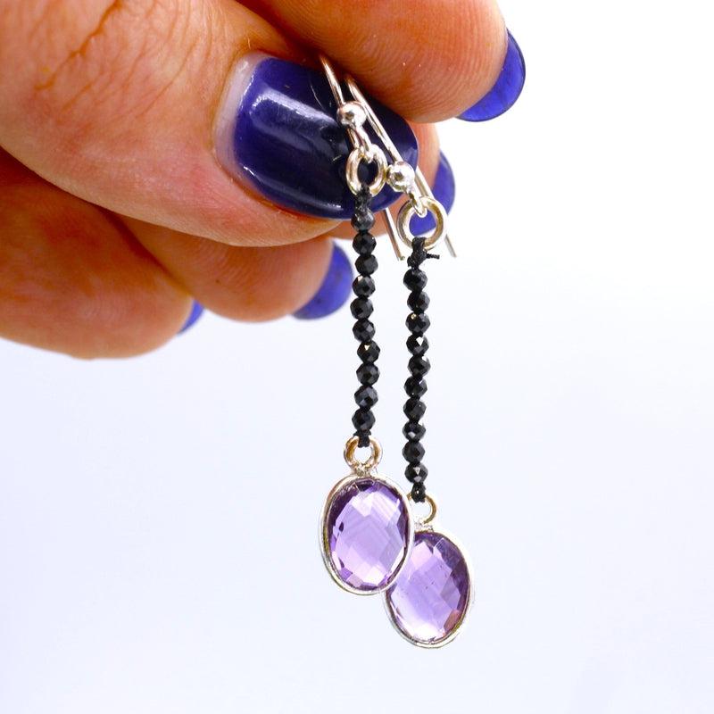 Multi-Faceted Oval Amethyst With Black Spinel Dangle Earrings || .925 Sterling Silver-Nature's Treasures