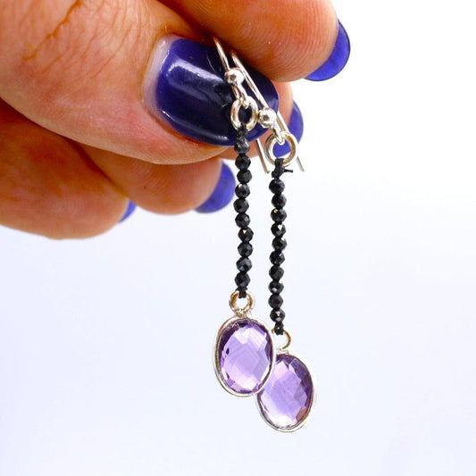 Multi-Faceted Oval Amethyst With Black Spinel Dangle Earrings || .925 Sterling Silver-Nature's Treasures