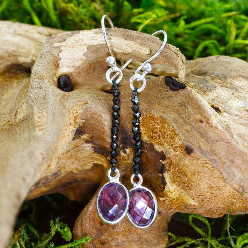 Multi-Faceted Oval Amethyst With Black Spinel Dangle Earrings || .925 Sterling Silver-Nature's Treasures