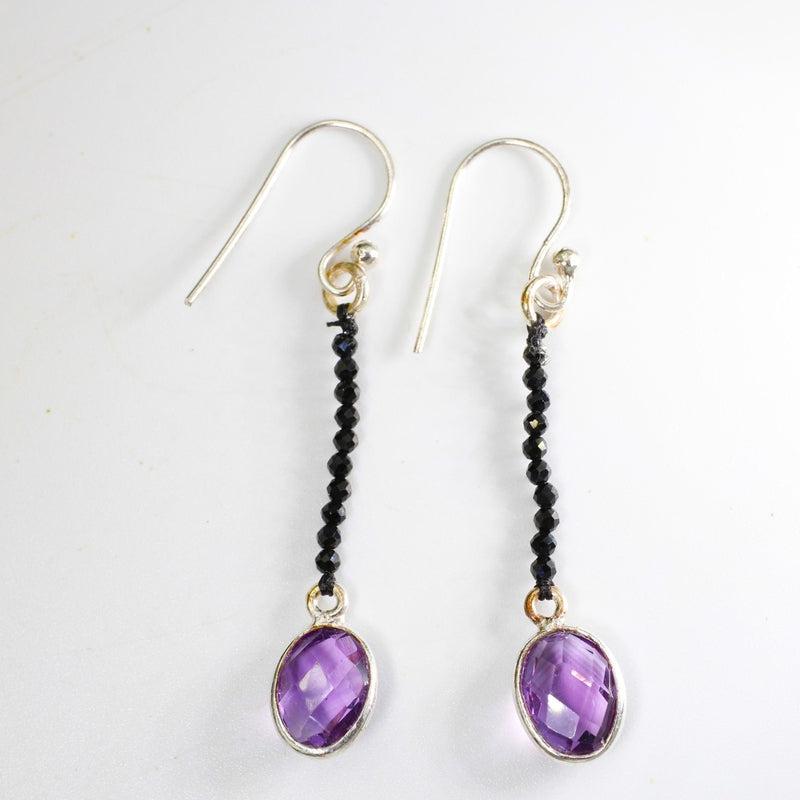 Multi-Faceted Oval Amethyst With Black Spinel Dangle Earrings || .925 Sterling Silver-Nature's Treasures