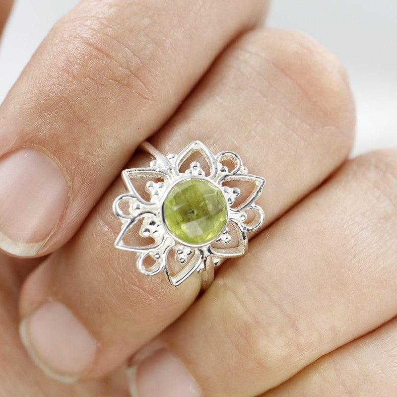 Multi-Faceted Peridot Flower Rings || .925 Sterling Silver-Nature's Treasures
