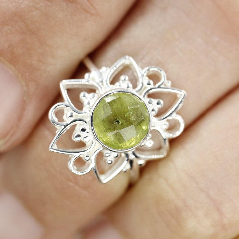 Multi-Faceted Peridot Flower Rings || .925 Sterling Silver-Nature's Treasures