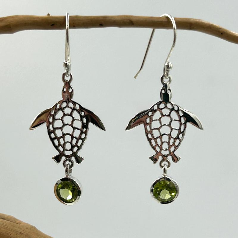 Multi-Faceted Peridot Turtle French Hook Earrings || .925 Sterling Silver-Nature's Treasures