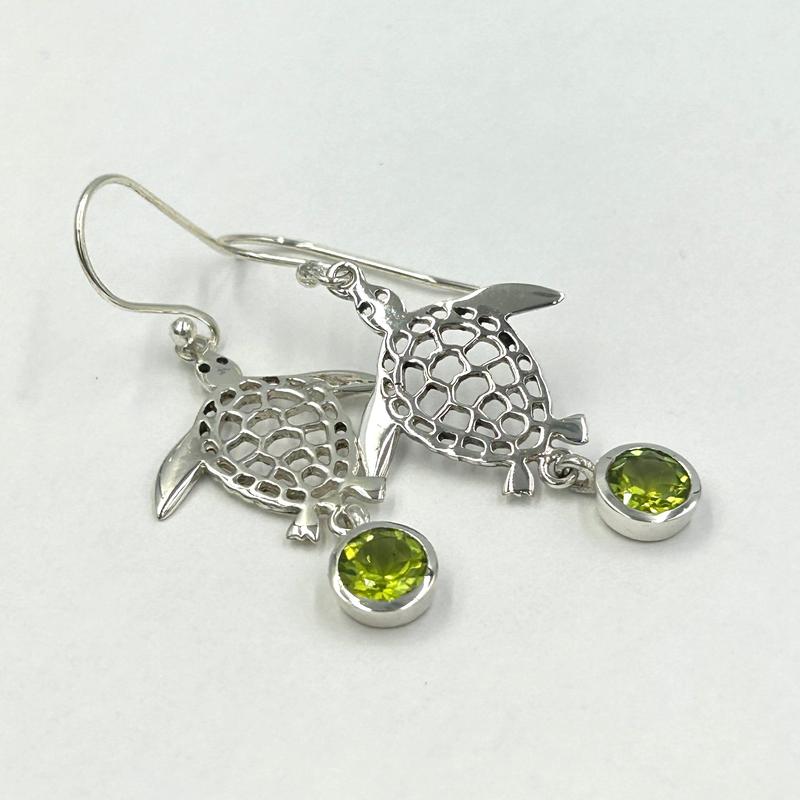 Multi-Faceted Peridot Turtle French Hook Earrings || .925 Sterling Silver-Nature's Treasures