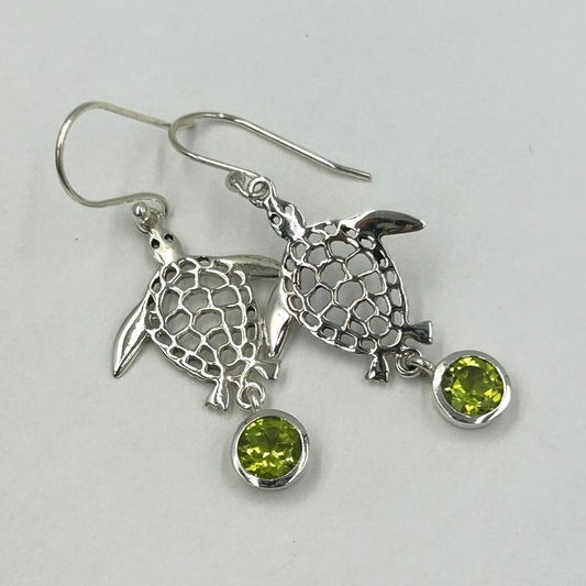 Multi-Faceted Peridot Turtle French Hook Earrings || .925 Sterling Silver-Nature's Treasures