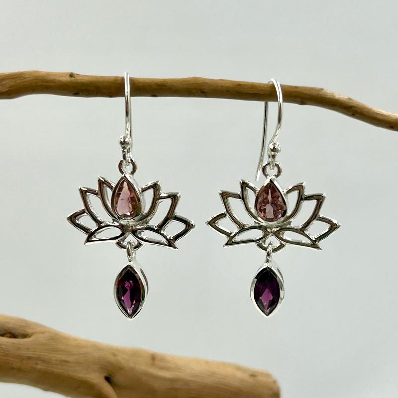 Multi-Faceted Pink Tourmaline With Garnet Lotus Earrings || .925 Sterling Silver-Nature's Treasures
