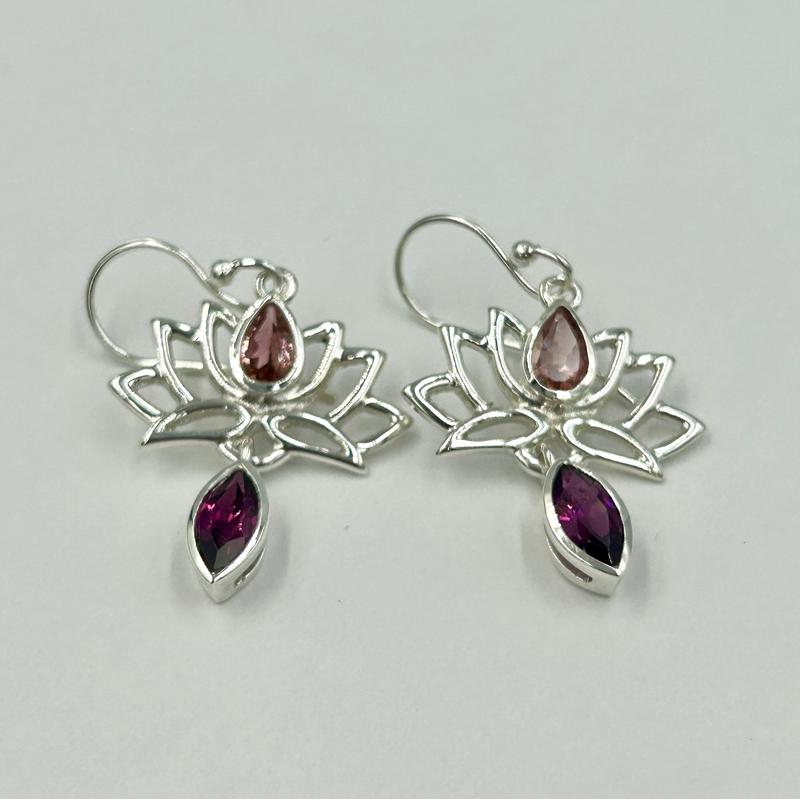 Multi-Faceted Pink Tourmaline With Garnet Lotus Earrings || .925 Sterling Silver-Nature's Treasures