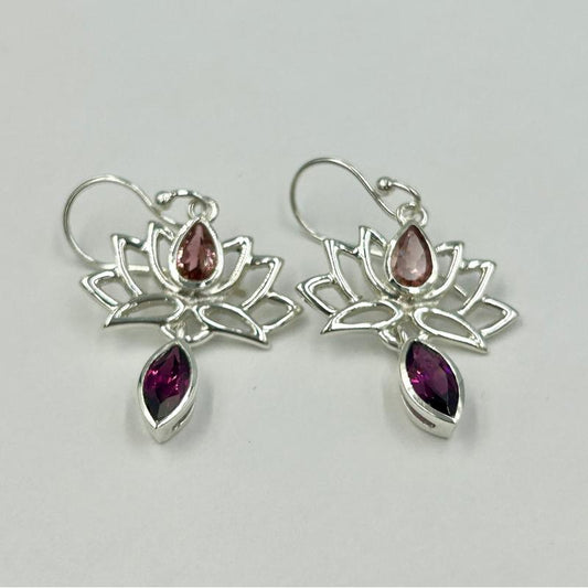 Multi-Faceted Pink Tourmaline With Garnet Lotus Earrings || .925 Sterling Silver-Nature's Treasures