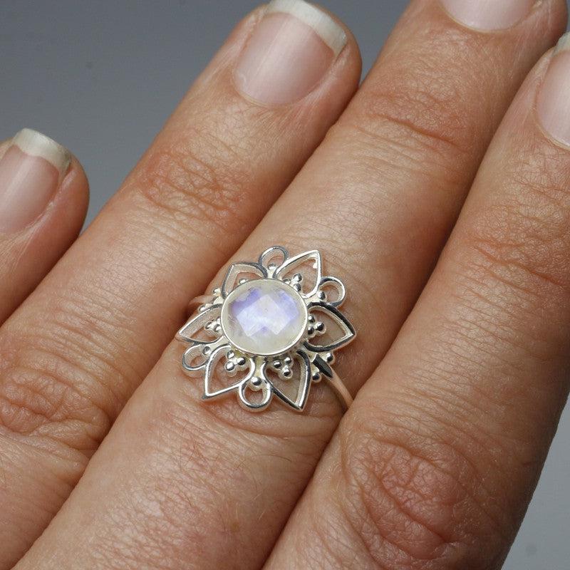 Multi-Faceted Rainbow Moonstone Flower Rings || .925 Sterling Silver-Nature's Treasures