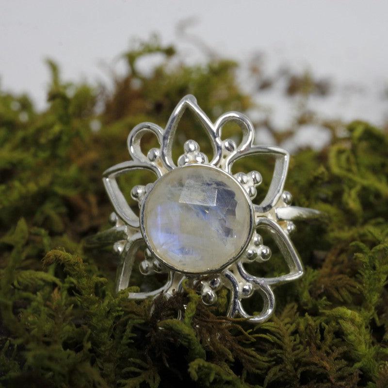 Multi-Faceted Rainbow Moonstone Flower Rings || .925 Sterling Silver-Nature's Treasures