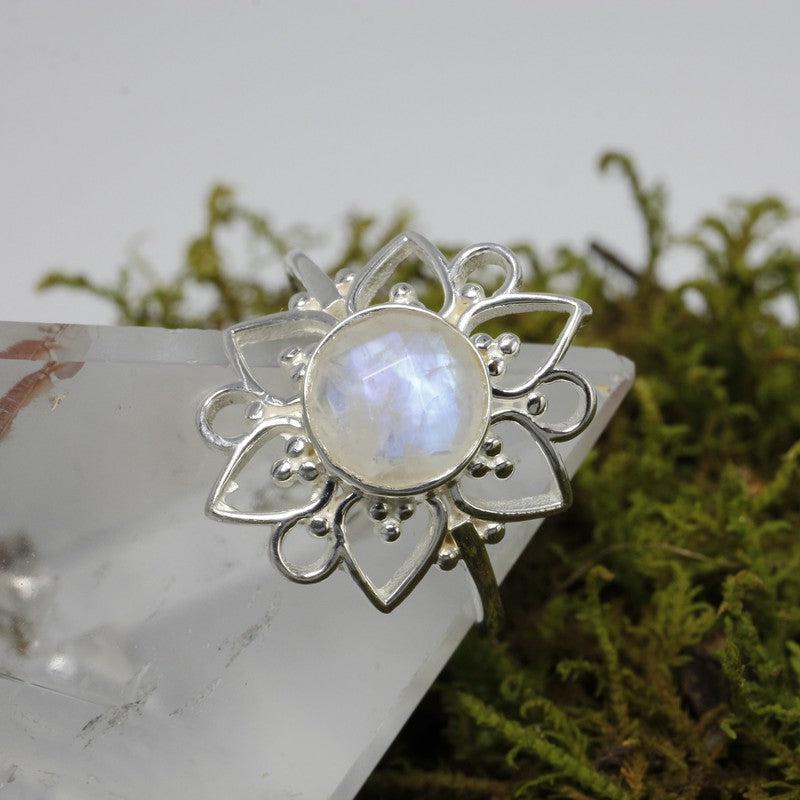 Multi-Faceted Rainbow Moonstone Flower Rings || .925 Sterling Silver-Nature's Treasures