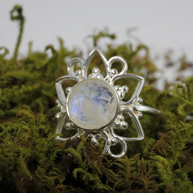 Multi-Faceted Rainbow Moonstone Flower Rings || .925 Sterling Silver-Nature's Treasures